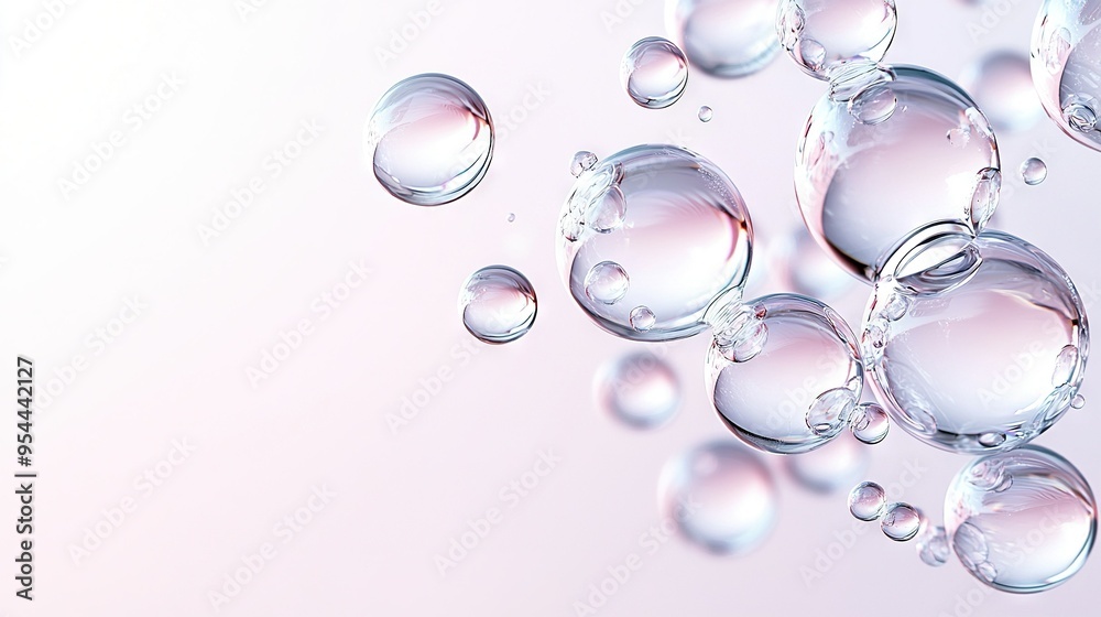 A cluster of air bubbles gliding over a pastel-colored liquid with water beads beneath A cluster of air bubbles gliding over a pastel-colored liquid with water beads beneath