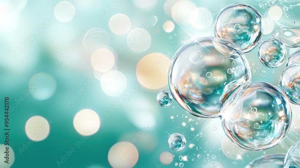   A cluster of bubbles hovering above a blue-green backdrop with numerous bubbles on top
