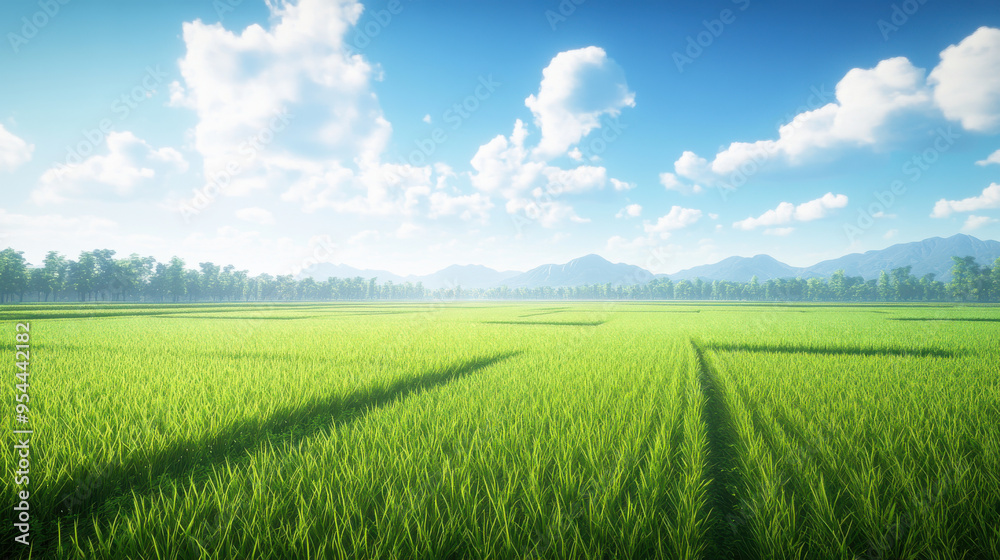 Fototapeta premium Photorealistic image of a rice field basking in the midday sun, with perfect rows of rice