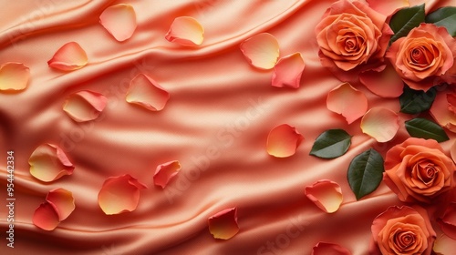 Orange Roses and Petals Scattered on Satin Fabric