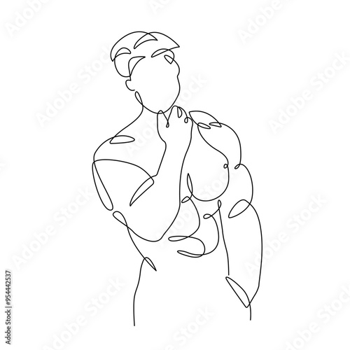 Continuous One Line Drawing of Naked Male Figure. Man Body Nude Drawing. Nude One Line Abstract Portrait. Minimalist Design. Vector EPS 10.	