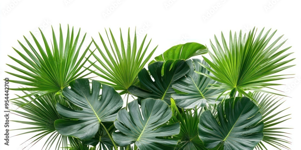 Lush Green Palm and Monstera Leaves Isolated on White Background Lush Green Palm and Monstera Leaves Isolated on White Background