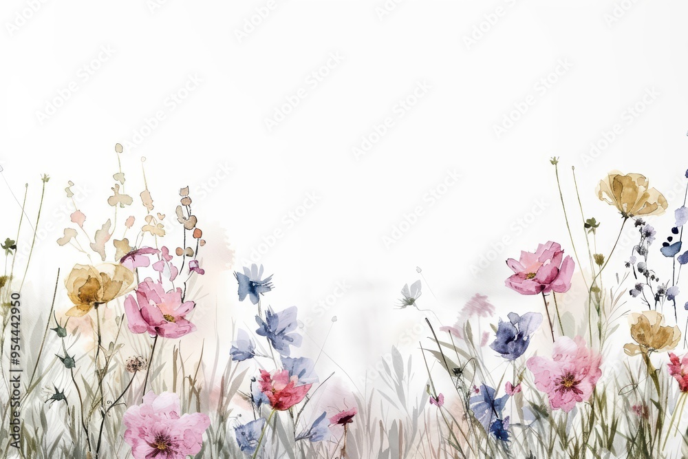 Fototapeta premium A beautiful watercolor illustration of colorful flowers, ideal for backgrounds and floral designs in soft pastel tones.