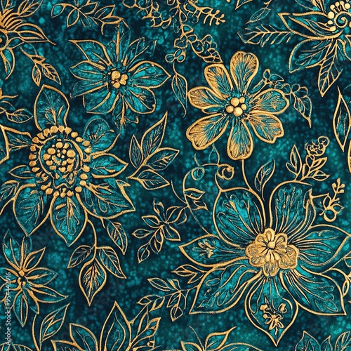 Teal and gold floral pattern background.