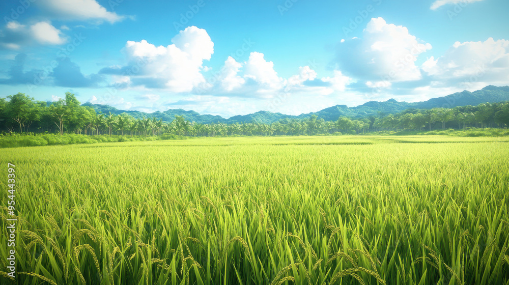 Photorealistic image of a well-maintained rice field stretching out to the horizon, each plant Photorealistic image of a well-maintained rice field stretching out to the horizon, each plant
