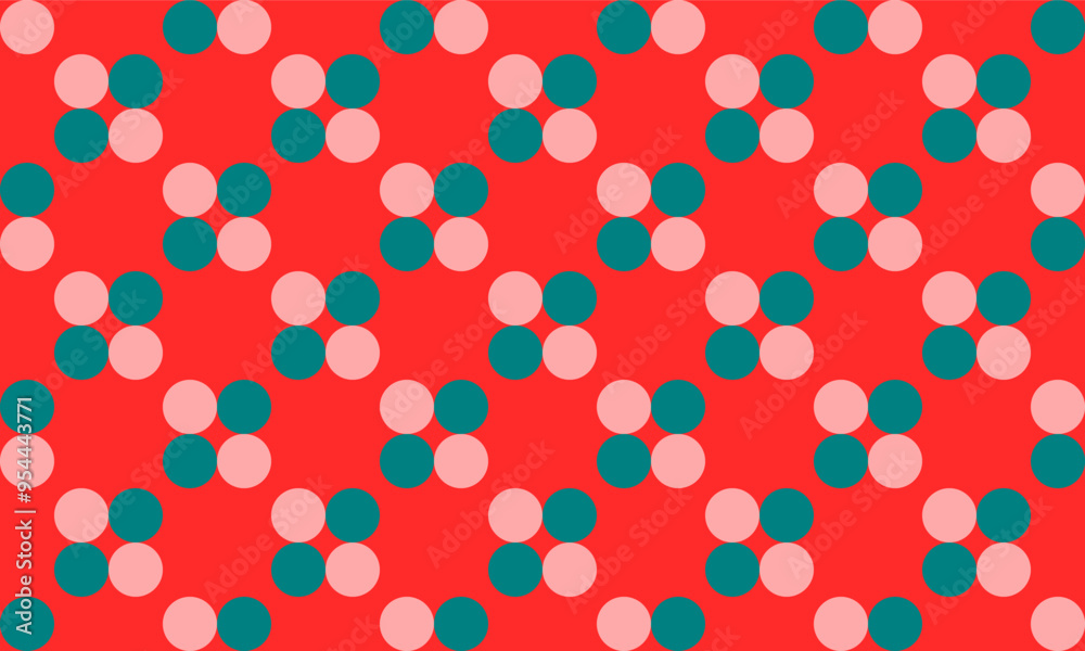 abstract pink and green dot on red background with bubbles, round zigzag dot and square block checkerboard multiple layer repeat pattern, replete image, design for fabric printing