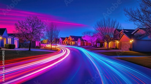 Colorful, long-exposure photo of a suburban street at night with vibrant light trails and glowing houses against a clear evening sky.