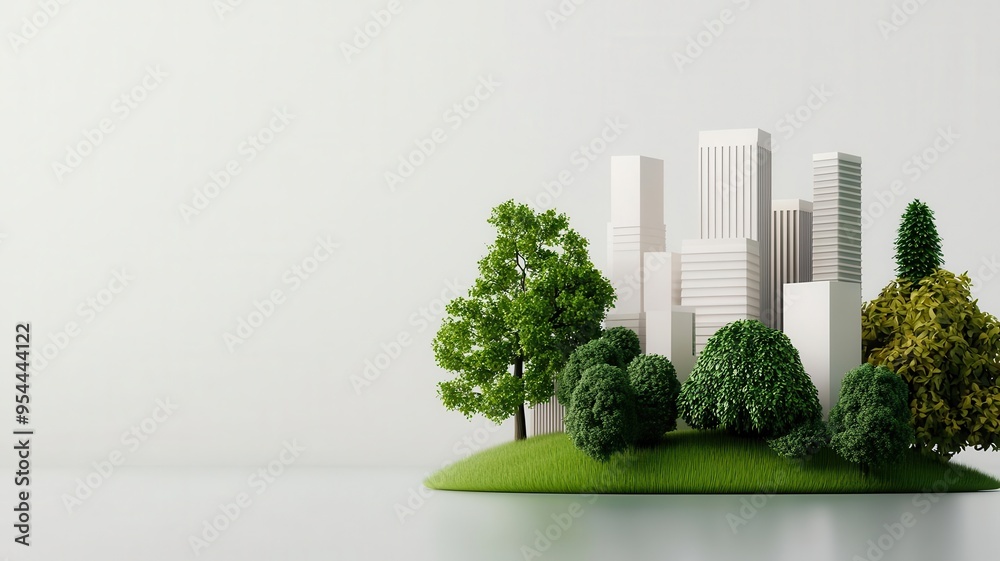 A 3D model of a business ecosystem with green buildings and clean energy sources, Sustainability, Hyperrealistic, Cool colors A 3D model of a business ecosystem with green buildings and clean energy sources, Sustainability, Hyperrealistic, Cool colors