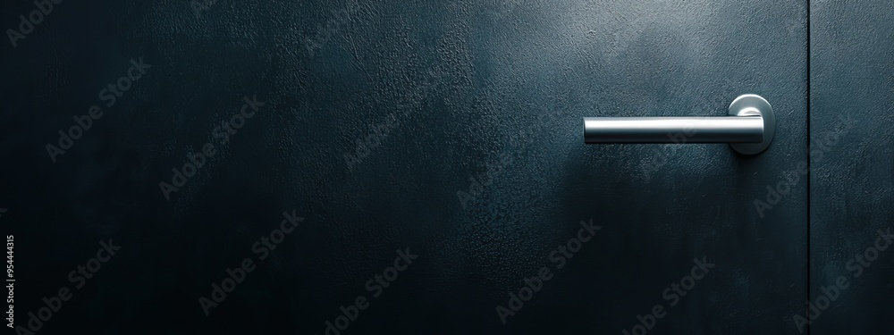 Obraz premium A tight shot of a weathered metal door handle against a dark door, speckled with water droplets clinging to its surface