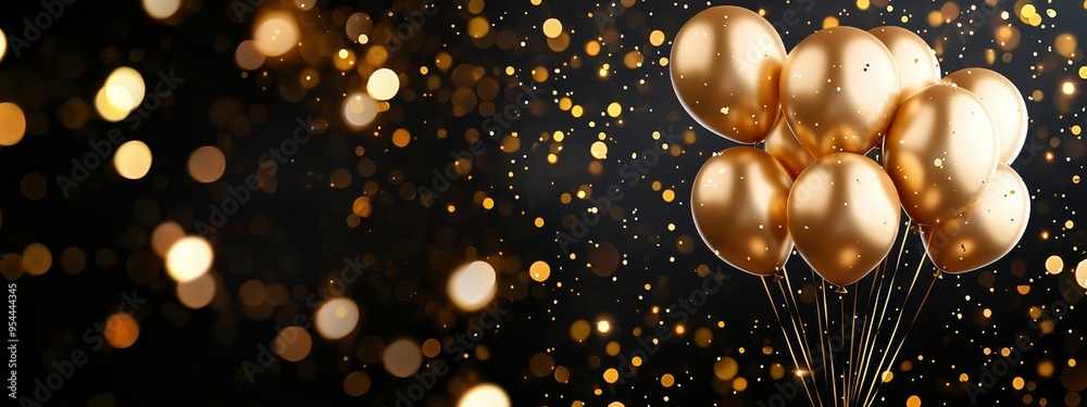  Gold balloons with confetti, floating against a black backdrop, showering the area with golden sparkles