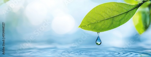  A green leaf holds a single drop of water above reflective waters, beneath a blue sky photo