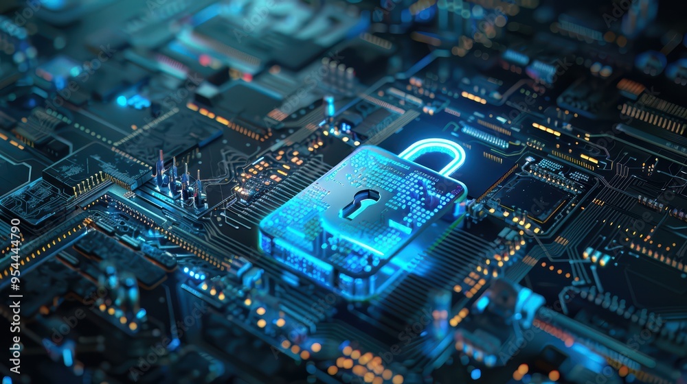 A detailed image of a digital lock on a circuit board, symbolizing advanced technology and cybersecurity concepts. A detailed image of a digital lock on a circuit board, symbolizing advanced technology and cybersecurity concepts.