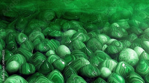   A sizable mound of green marbles rests atop a verdant table, adjacent to a container of emerald liquid photo