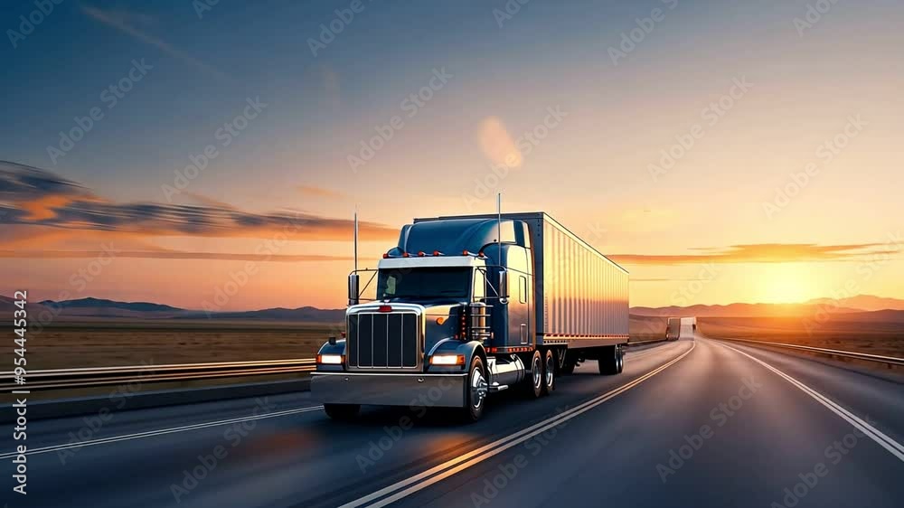 Future of autonomous driving, semi-truck, tech-lined bridge Future of autonomous driving, semi-truck, tech-lined bridge