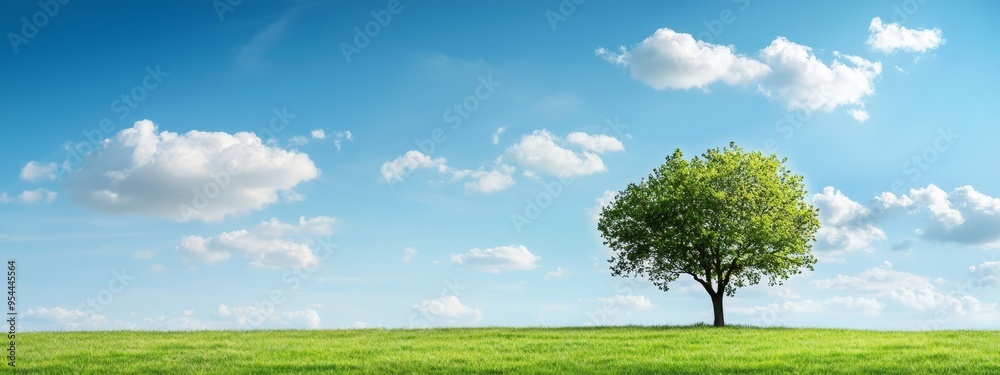 A lone tree on a grassy hill beneath a blue sky dotted with white puffy clouds A lone tree on a grassy hill beneath a blue sky dotted with white puffy clouds