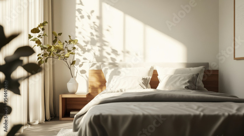 Photorealistic minimalist bedroom, warm light grey bed background, white walls, grey bed