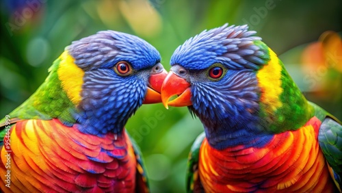 Closeup of two rainbow lorikeet parrots grooming each other , colorful, feathers, birds, wildlife, animals, vibrant photo