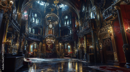 Photorealistic rendering of the interior of a grand Victorian Gothic mansion temple,