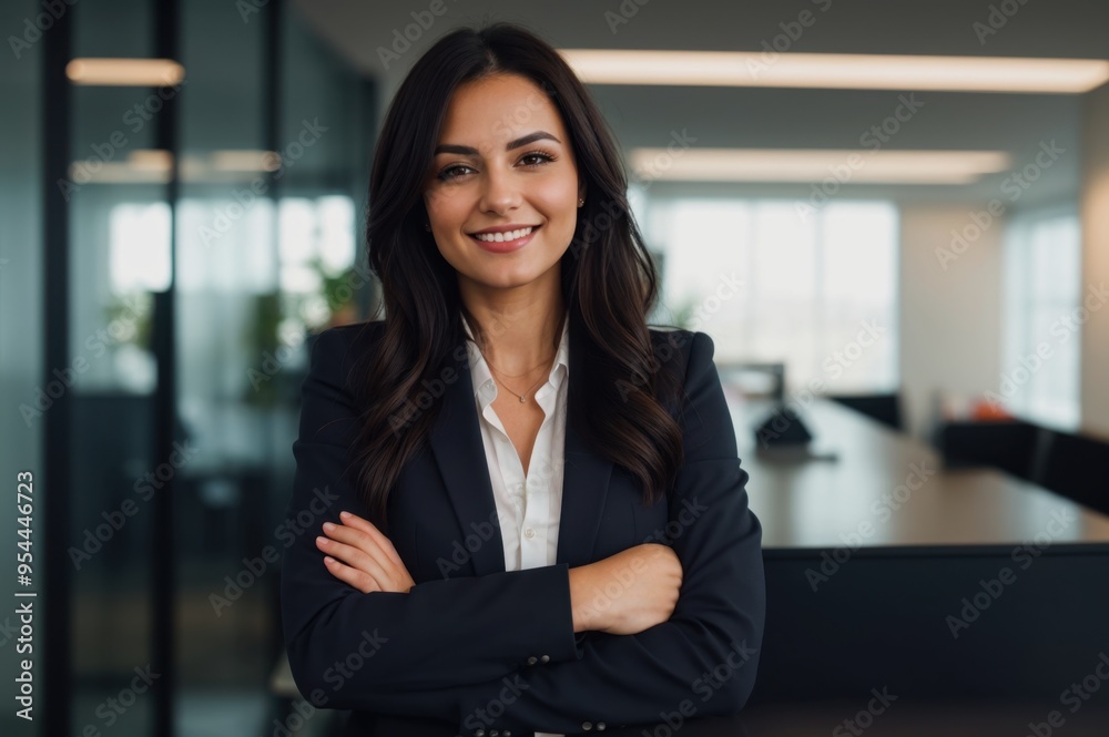 Fototapeta premium A modern office setting with confident woman smiling warmly and crossed arms