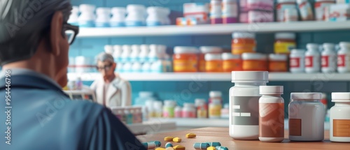 Wallpaper Mural A pharmacist reviews medication bottles in a modern pharmacy, showcasing a variety of pharmaceutical products and shelves. Torontodigital.ca