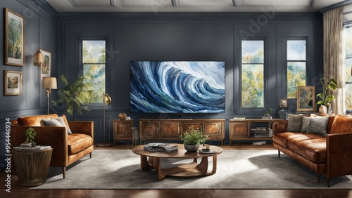 Modern Living Room Interior Design with Leather Sofa and Art Deco Decor