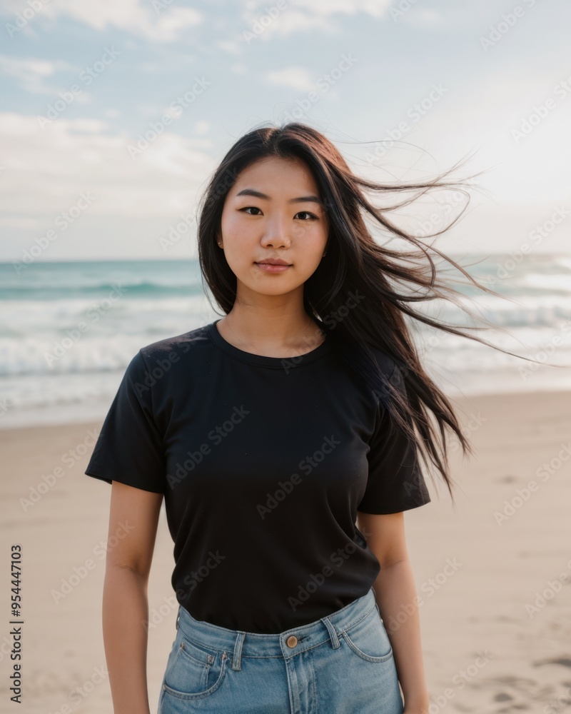 A serene young woman and wind-blown hair against the beach sunset A serene young woman and wind-blown hair against the beach sunset