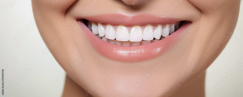 Obraz premium Bright white smile of a young woman showcasing dental health and confidence, captured indoors in natural light