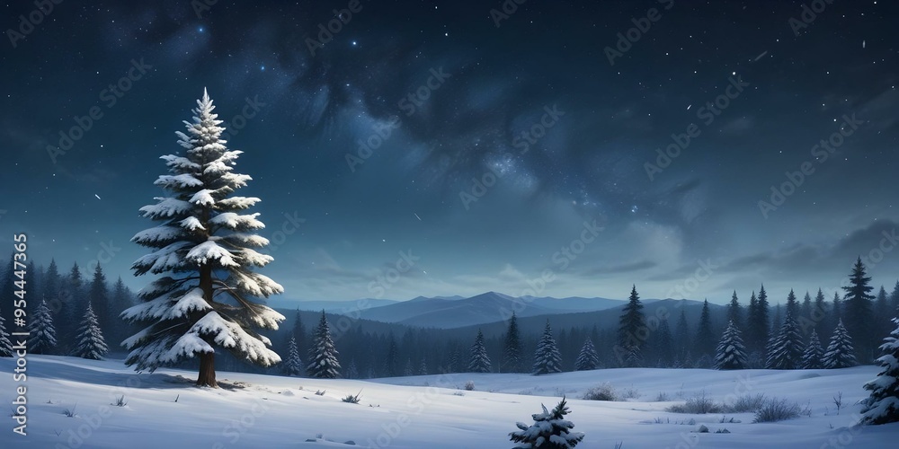 Fototapeta premium A snowy winter landscape with a pine tree covered in snow, and a forest in the background.