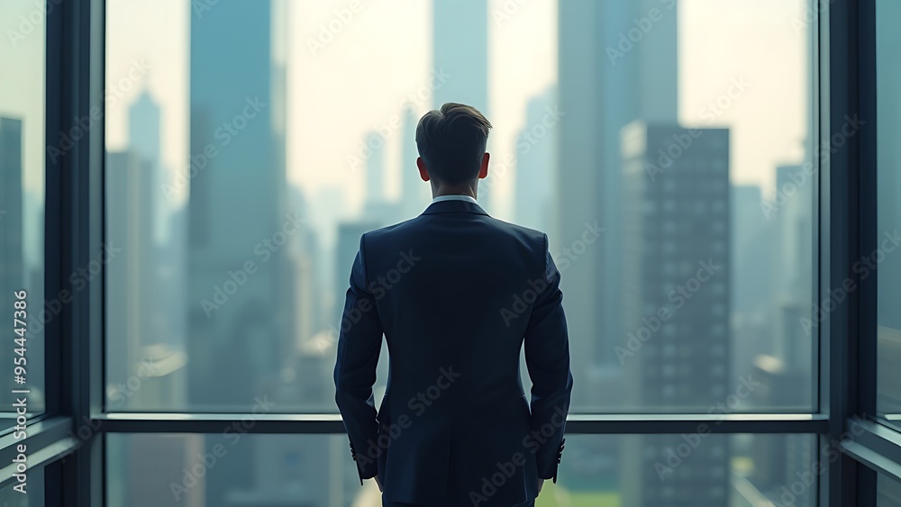 A person stands before a vast cityscape, reflecting on the glossy floor, embodying ambition and future prospects. The modern urban skyline and large windows create a sense of contemplation A person stands before a vast cityscape, reflecting on the glossy floor, embodying ambition and future prospects. The modern urban skyline and large windows create a sense of contemplation