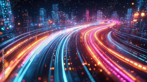 Time-lapse city lights at night, creating trails of neon and stars, digital art, 3D illustration