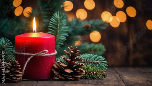 Christmas background - First Advent Sunday - Red Advent candle with natural Xmas decoration, branches and pine cones on rustic wood with magic lights