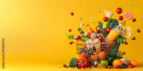 Close-up photography of a Supermarket Shopping Cart or Basket Full of Grocery Products Floating Fresh Fruits and Vegetables and Bottles on a Lively Landscape Yellow Background. Huge Copy Space