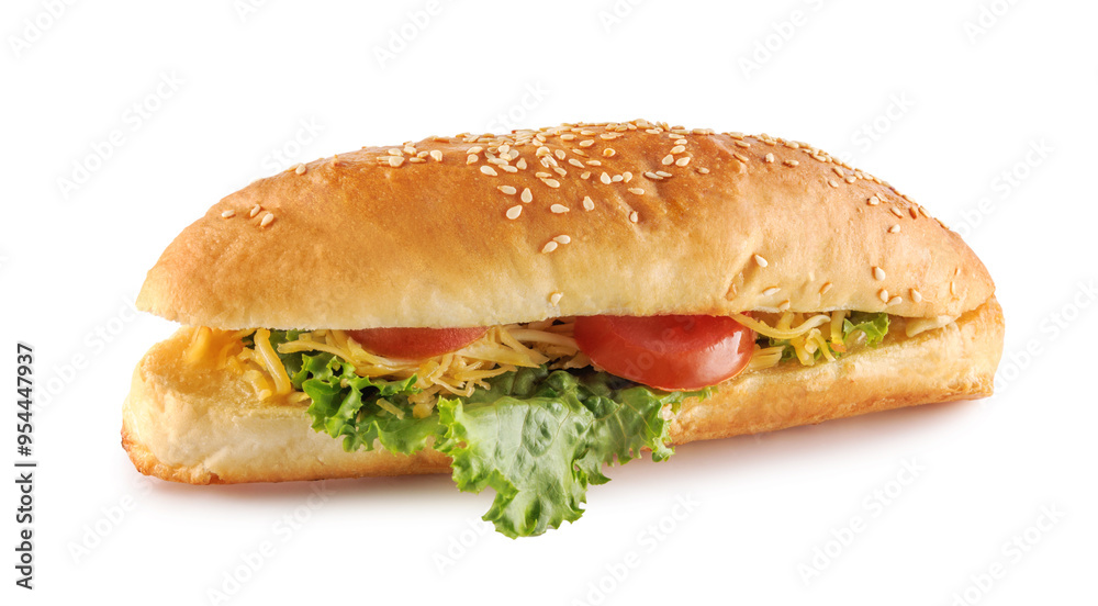 Cheeseburger, delicious cheeseburger with cheese, tomato, burger for fast food menu isolated on white background Cheeseburger, delicious cheeseburger with cheese, tomato, burger for fast food menu isolated on white background