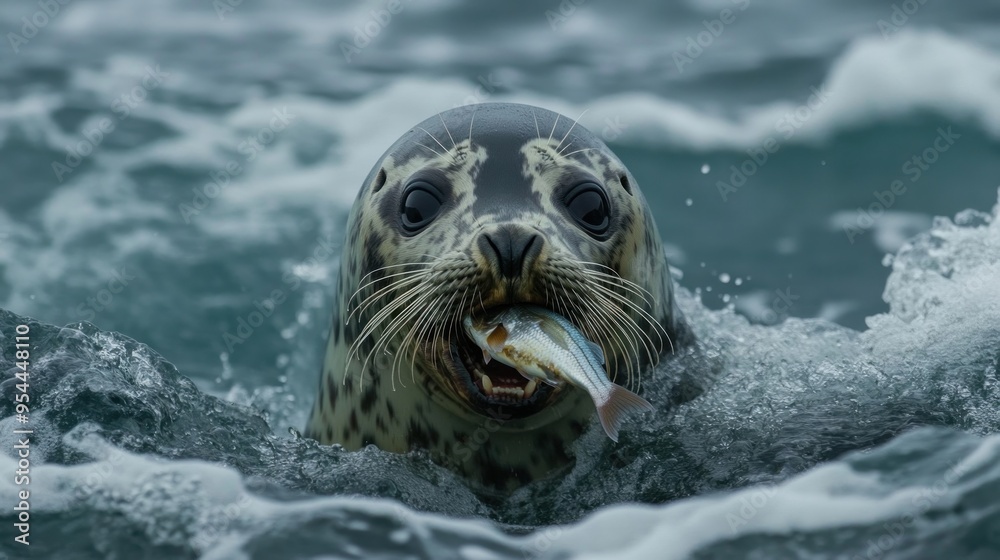 Fototapeta premium Harbor Seal With Fish In Mouth