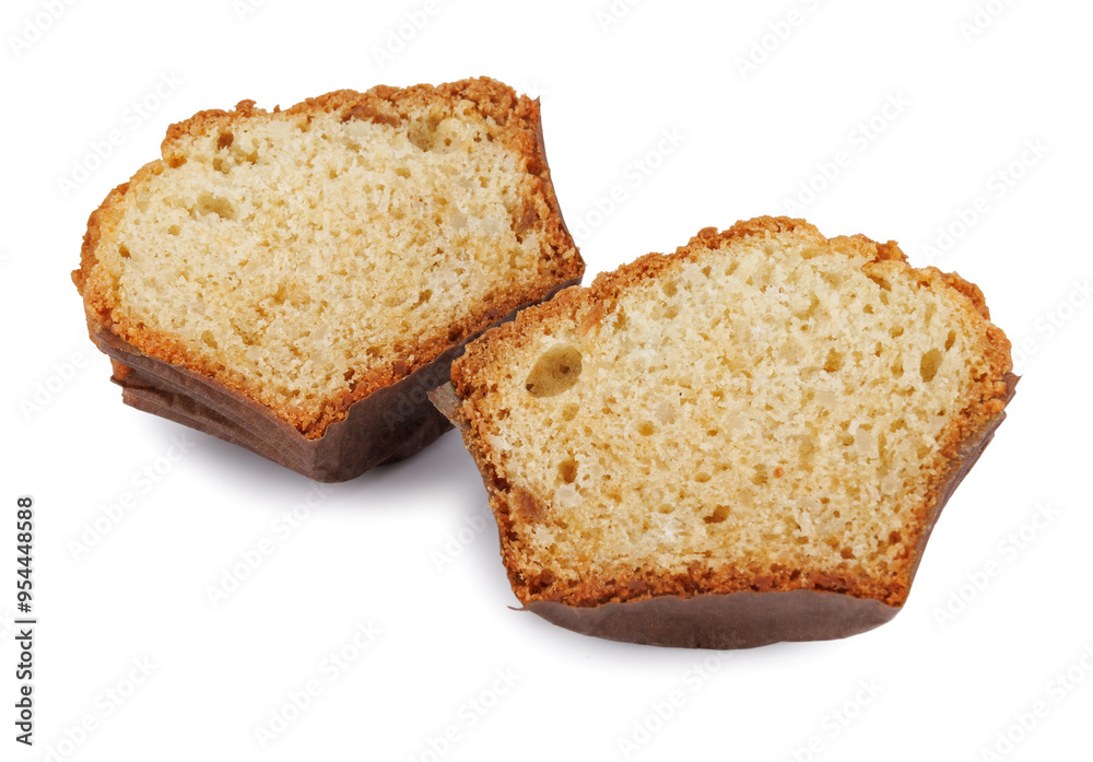 Muffin cut in half isolated on a white background.