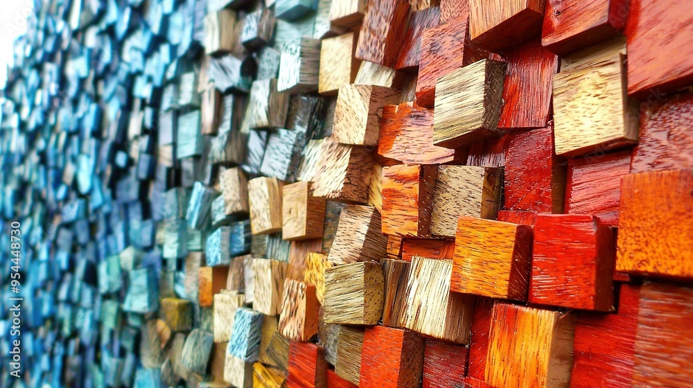 A close-up of a colorful wooden wall with a blue sky in the background A close-up of a colorful wooden wall with a blue sky in the background