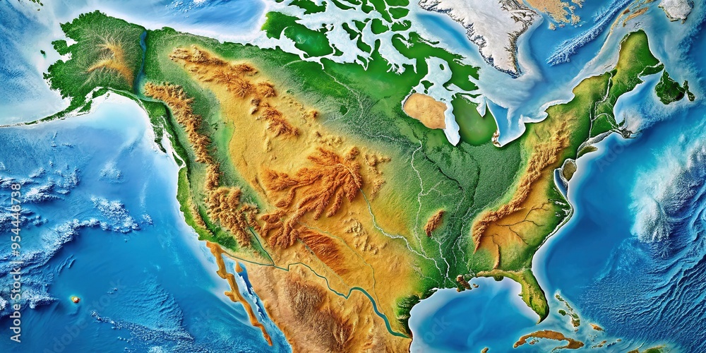 Vibrant, intricately detailed physical map of North America showcasing