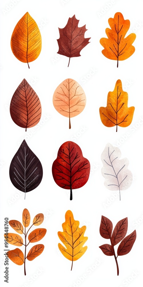 Obraz premium Flat design vector autumn leaves icon set simple shapes and solid colors orange yellow and brown tones modern and clean aesthetic