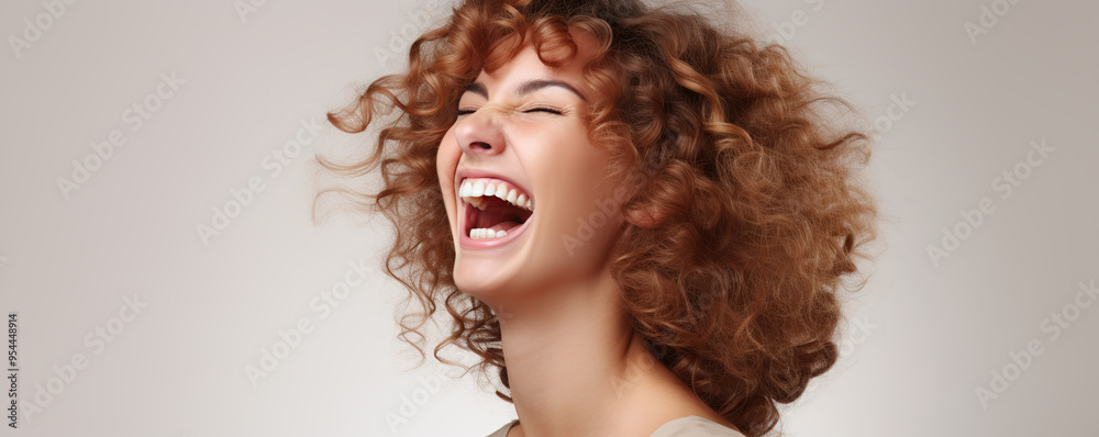 A joyful young woman with curly hair laughing A joyful young woman with curly hair laughing
