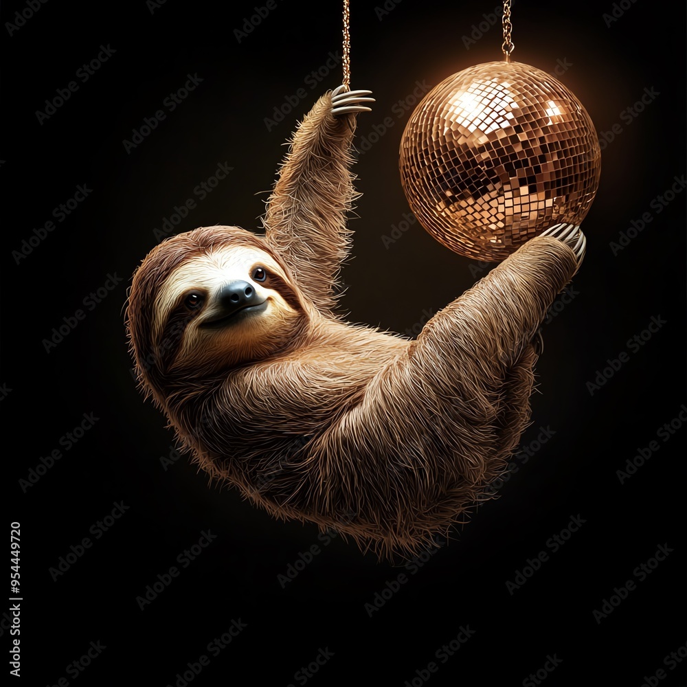 Adorable sloth hanging from a shiny disco ball, embracing the party vibe with a touch of humor and cuteness. Adorable sloth hanging from a shiny disco ball, embracing the party vibe with a touch of humor and cuteness.