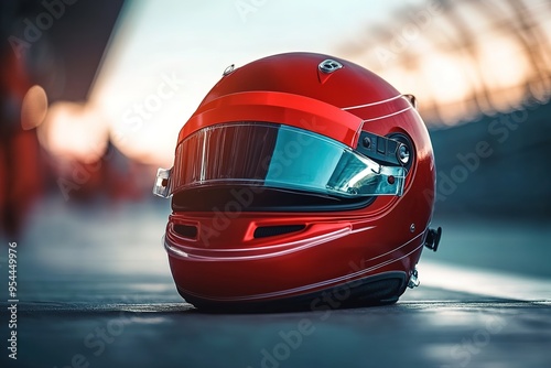 Red racing helmet on blurred background photo