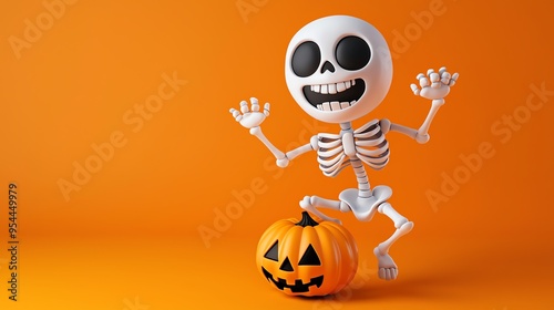 Animated skeleton character joyfully posing with a carved pumpkin on an orange background. Perfect for Halloween and festive designs.