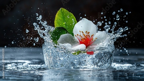   Close-up of a flower in a water glass with a splash of water beside it photo