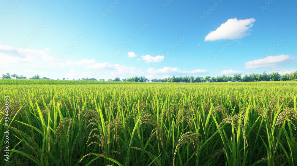 Photorealistic view of a pristine rice paddy under a clear blue sky, showcasing the perfect Photorealistic view of a pristine rice paddy under a clear blue sky, showcasing the perfect