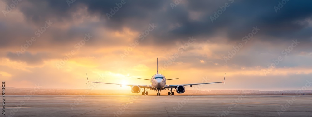 A large jetliner rests atop an airport tarmac as the sun sets in the sky behind it A large jetliner rests atop an airport tarmac as the sun sets in the sky behind it