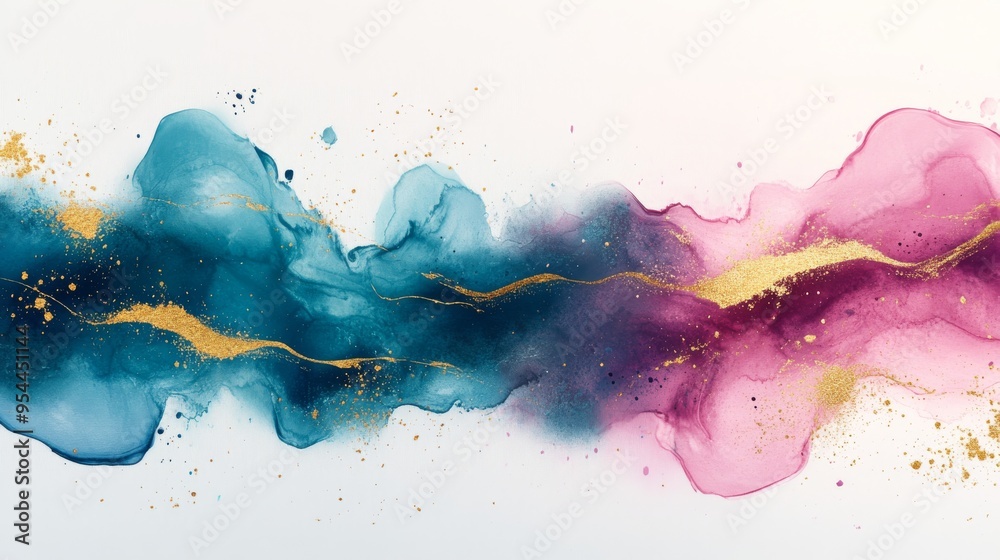 Obraz premium Abstract Watercolor Painting with Gold Accents and Blue and Pink Swirls