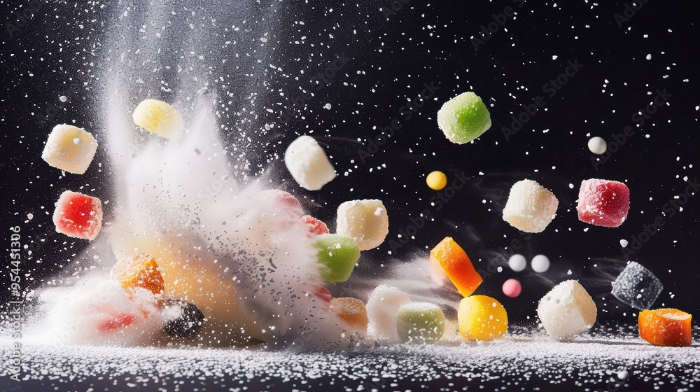 Colorful candy bursts into a cloud of sugar, creating a dynamic and vibrant explosion against a dark background. Colorful candy bursts into a cloud of sugar, creating a dynamic and vibrant explosion against a dark background.