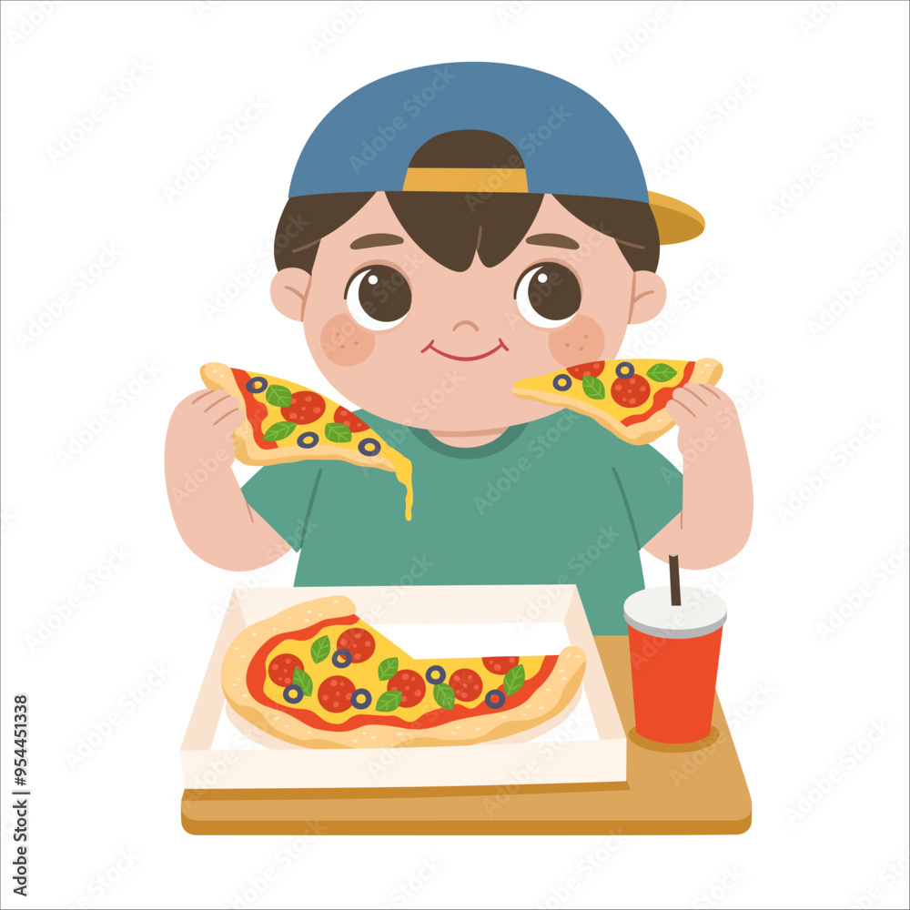 little boy eats a slice of pizza. Unhealthy fast food concept for kids. little boy eats a slice of pizza. Unhealthy fast food concept for kids.