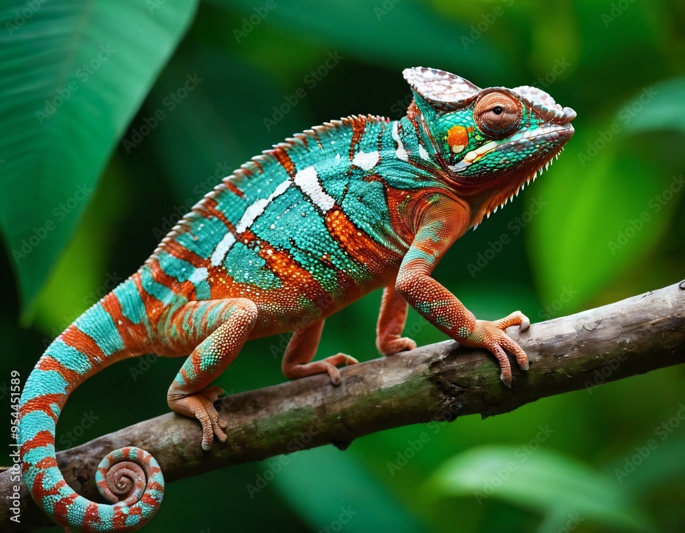 Fototapeta premium Colorful Chameleon Perched On Branch In Tropical Forest. Ai generated image