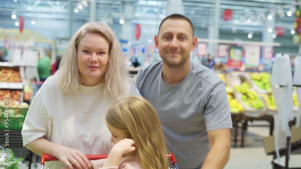 Portrait of happy family shopping in supermarket and looking at camera. Portrait of happy family shopping in supermarket and looking at camera.